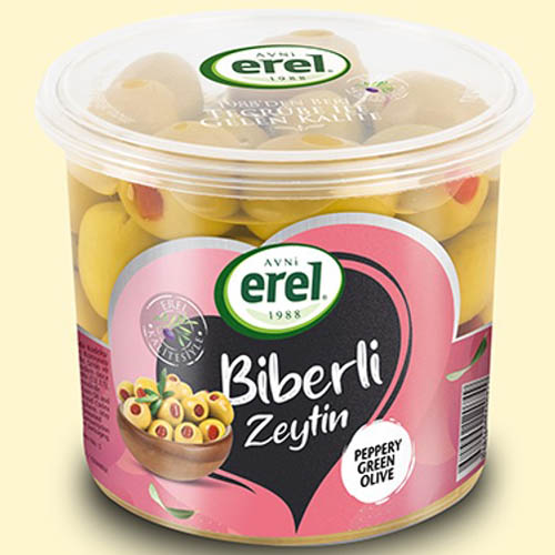 EREL Оливки фаршированные с перцем 400 гр, калибровка XL (201-230 шт/кг)