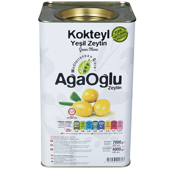 AGAOGLU Оливки коктейльные 4 кг калибровка 6/7XL (101-120 шт/кг), жестяная банка