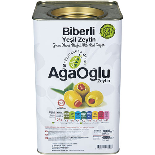 AGAOGLU Оливки фаршированные с перцем 4 кг, калибровка 4XL (141-160 шт/кг), жестяная банка