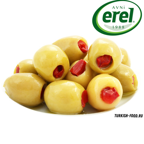 EREL Оливки фаршированные красным перцем калибровка 4XL (141-160 шт/кг) 500 гр расфасовка