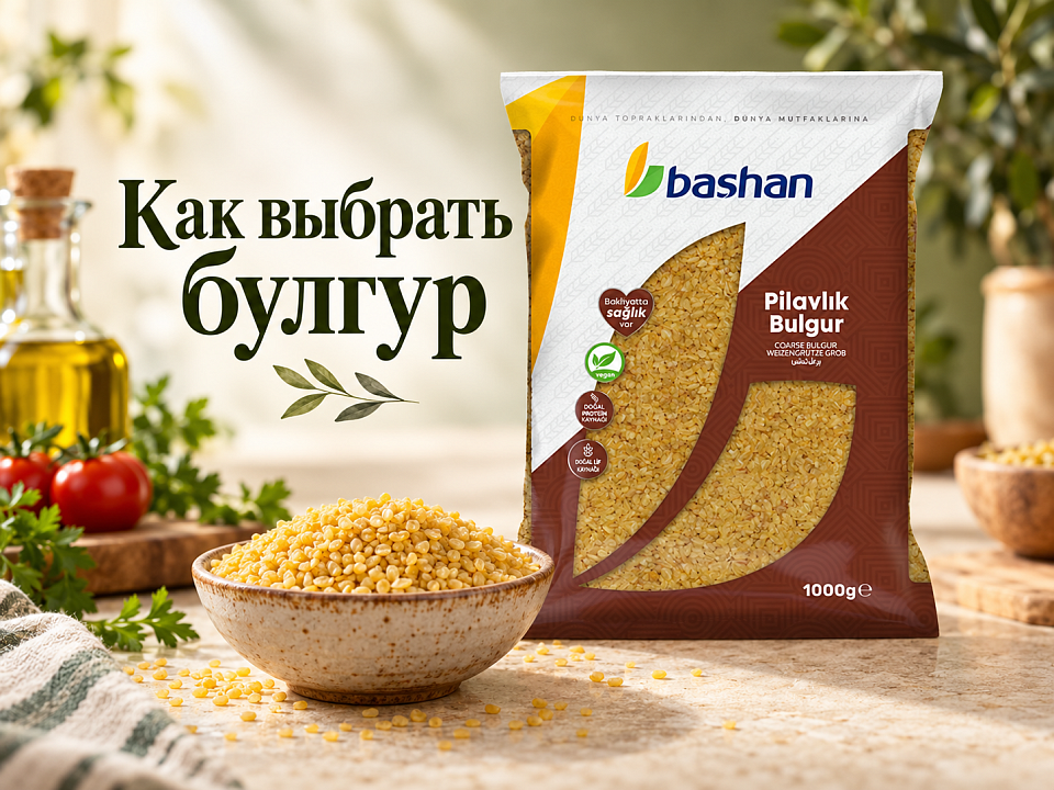 Упаковка BASHAN Pilavlık Bulgur 1 кг и миска золотистого булгура