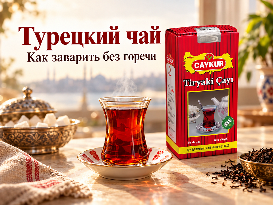 Упаковка Çaykur Tiryaki 500 г рядом со стаканом турецкого чёрного чая