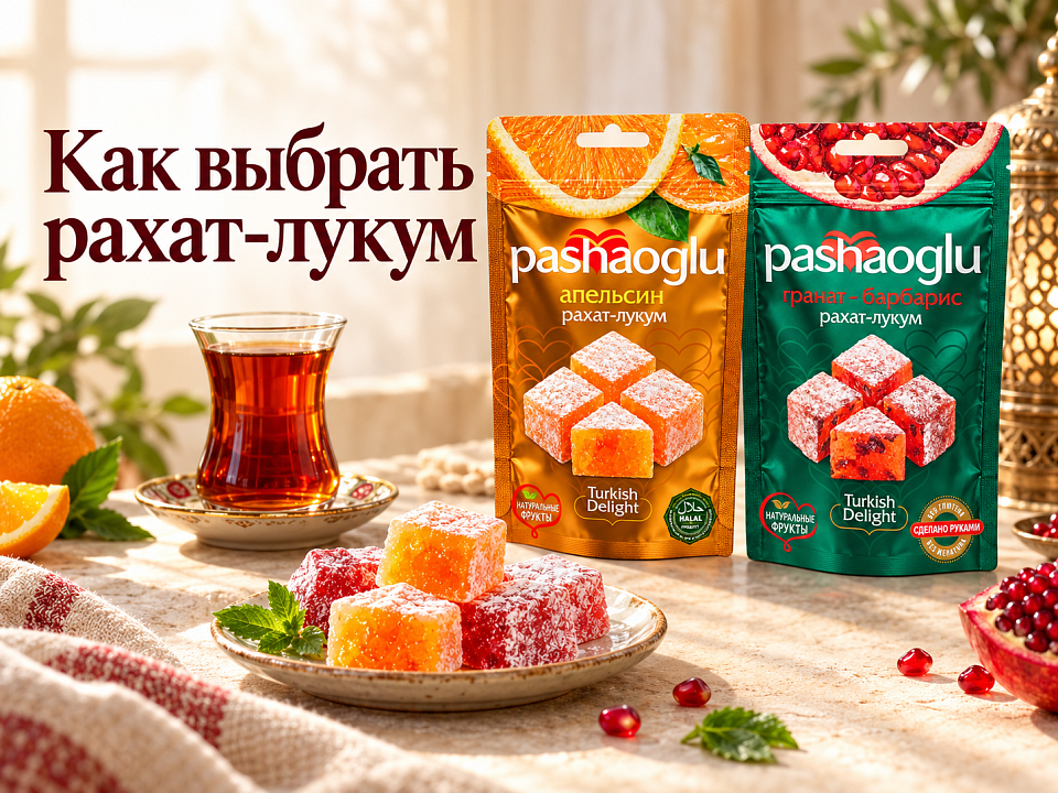 Две упаковки рахат-лукума PASHAOGLU с апельсином и гранатом рядом с турецким чаем