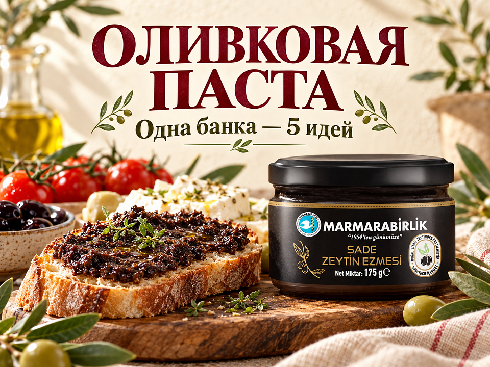 Оливковая паста MARMARABIRLIK 175 г рядом с тостом, сыром и помидорами