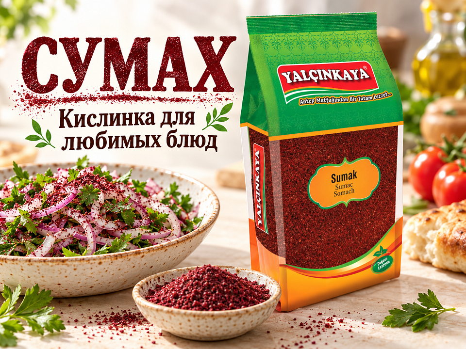 Приправа сумах YALCINKAYA рядом с луковым салатом и петрушкой