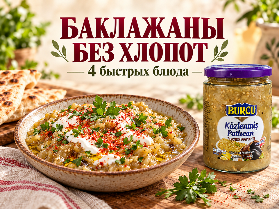 Печёные баклажаны BURCU 540 г и закуска из баклажанов с йогуртом, зеленью и лепёшкой
