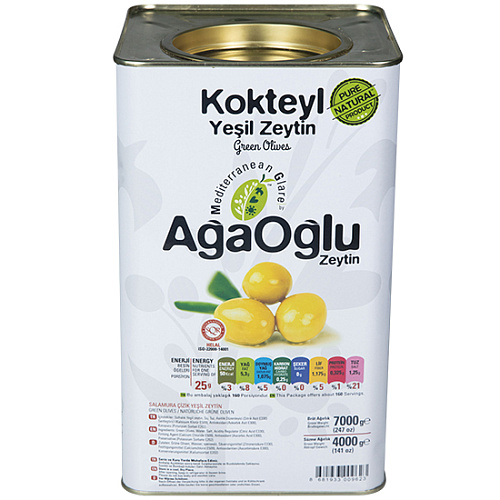 AGAOGLU Оливки коктейльные 4 кг калибровка 6/7XL (101-120 шт/кг), жестяная банка