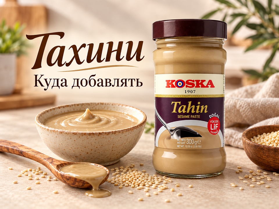 Банка турецкой кунжутной пасты тахини рядом с кунжутом