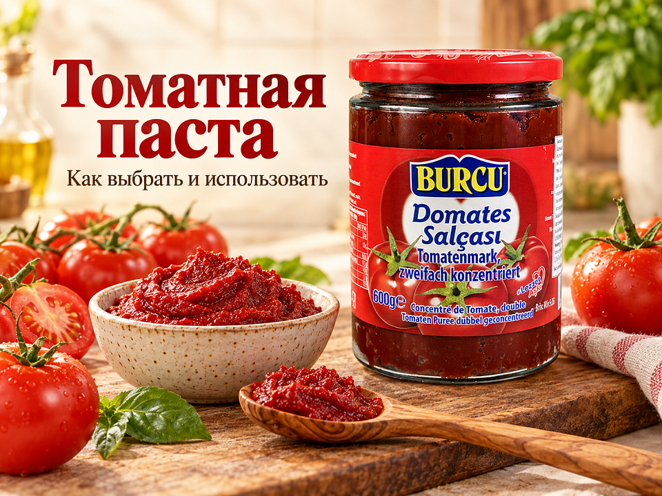Томатная паста BURCU 600 г рядом с помидорами и чашей густой пасты
