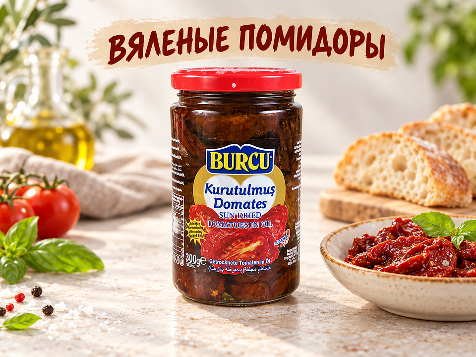 Вяленые помидоры BURCU в масле с хлебом для закуски