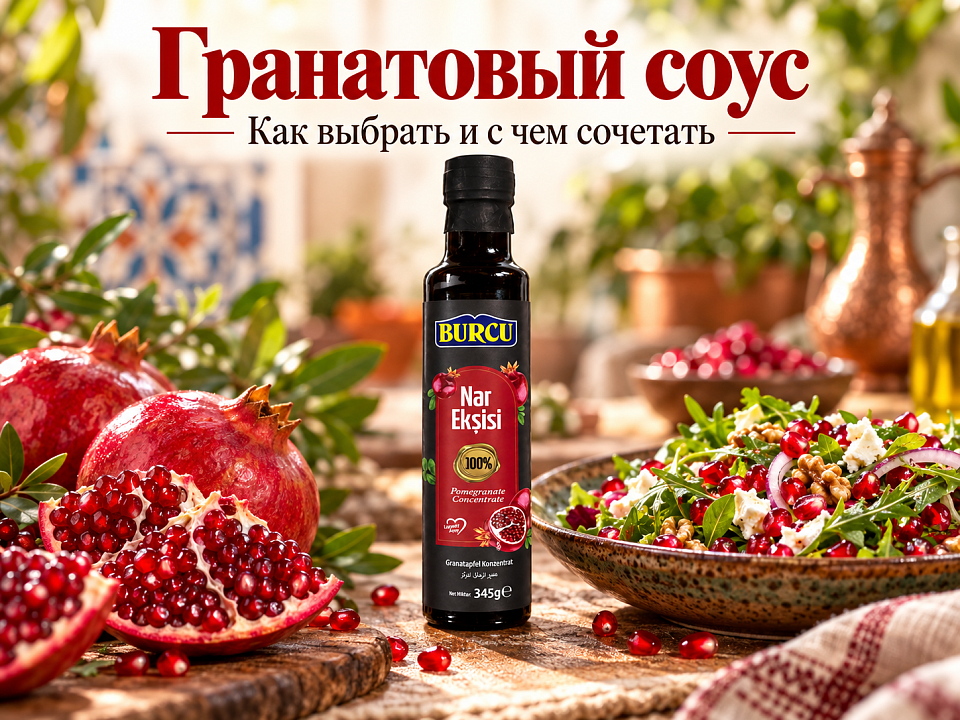 Гранатовый соус BURCU рядом с гранатом и овощным салатом