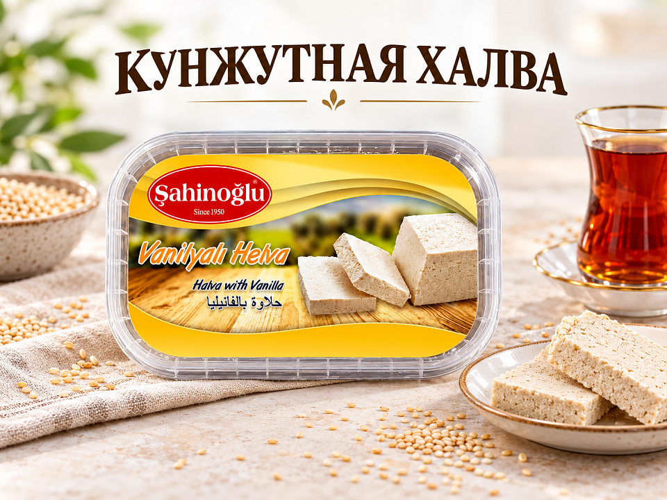 Кунжутная халва Şahinoğlu с ванилью и турецкий чай