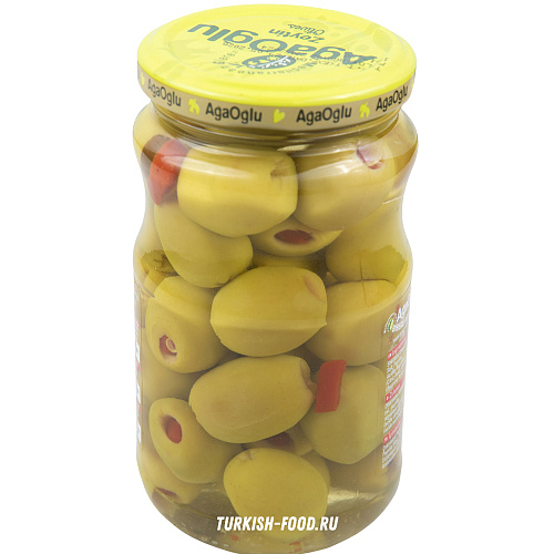 AGAOGLU Оливки фаршированные с перцем 370 гр, калибровка 3XL (161-180 шт/кг), стекло