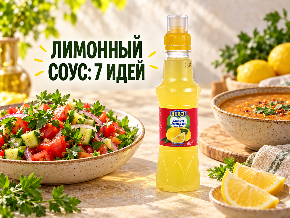 Лимонный соус BURCU 250 мл с салатом, супом и лимонами