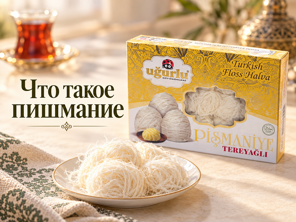 Коробка пишмание UGURLU и воздушные клубочки сладости на тарелке