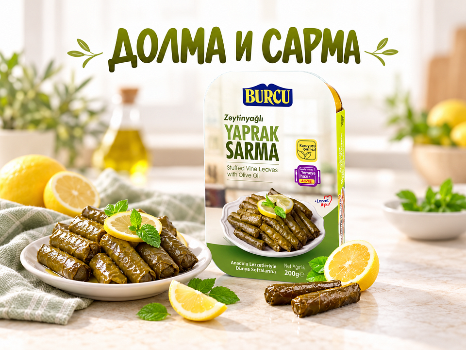 Готовая сарма BURCU с оливковым маслом и виноградные рулетики