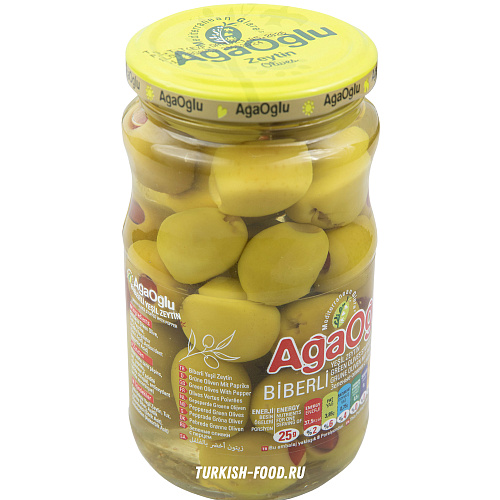 AGAOGLU Оливки фаршированные с перцем 370 гр, калибровка 3XL (161-180 шт/кг), стекло