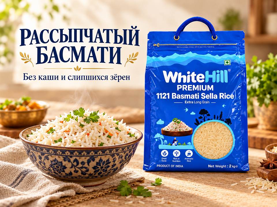 Рис WHITE HILL Sella Basmati 2 кг и миска рассыпчатого басмати