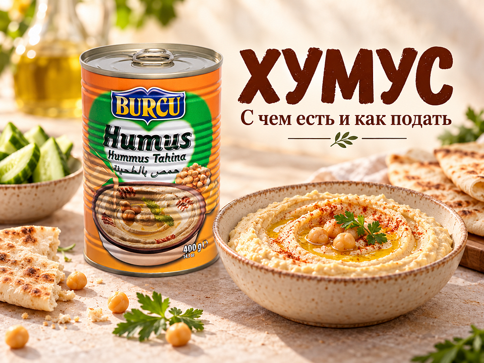 Банка хумуса BURCU 400 г рядом с нутовой закуской, хлебом и огурцом